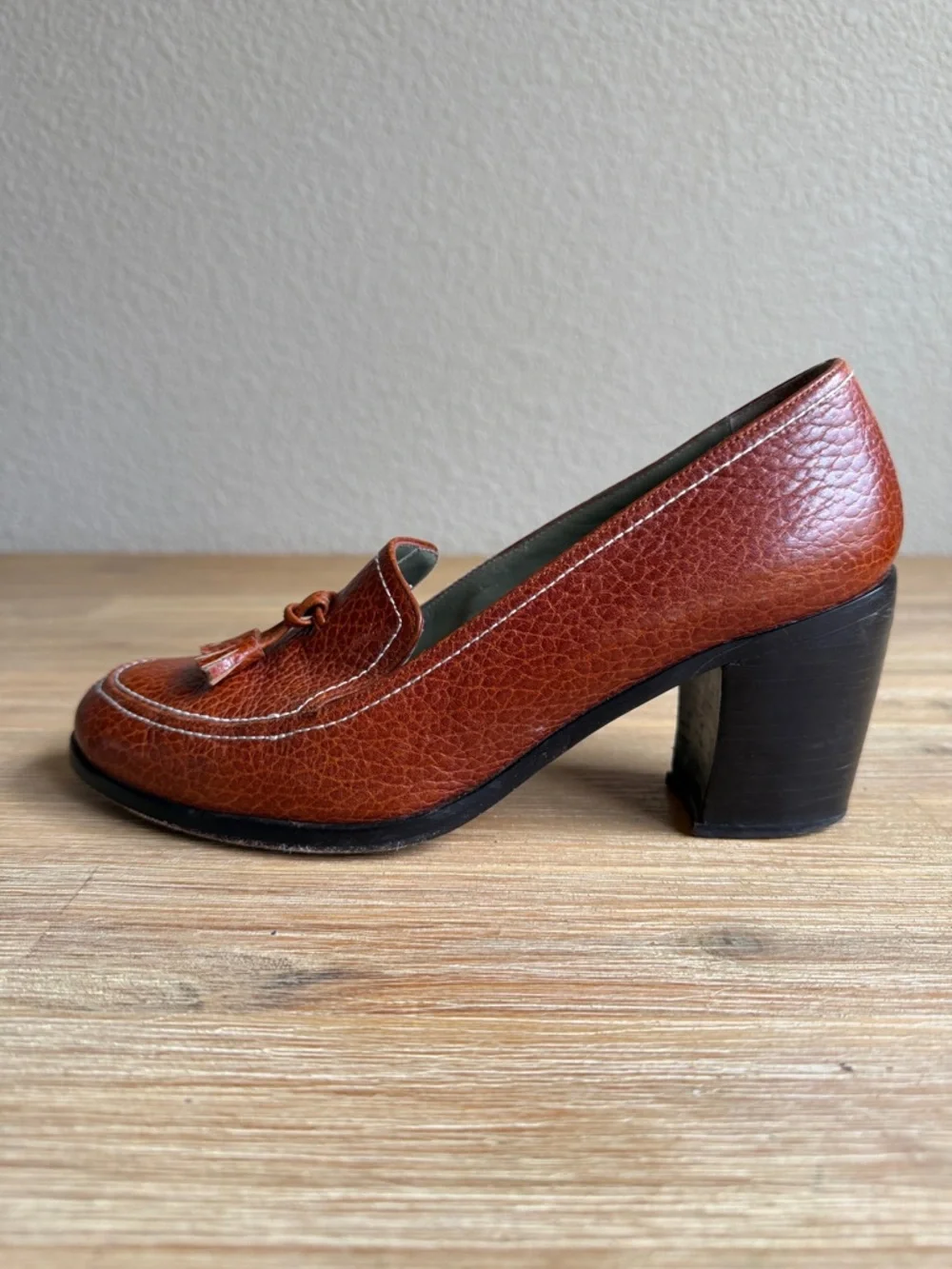 Paul Mayer Pebbled Leather Tassel Block Heels in Cognac - Picture 2 of 12